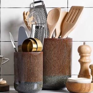 LE TAUCI Ceramic Utensil Holder Set 2 Glaze Marble Brown/Dark Olive Kitchen